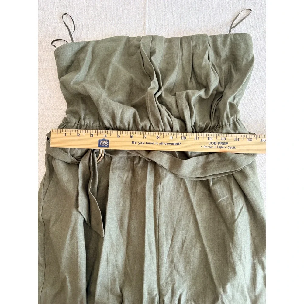 Zara Strapless bandeau Linen Blend Jumpsuit large Olive Green Belted pantsuit